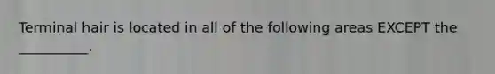 Terminal hair is located in all of the following areas EXCEPT the __________.