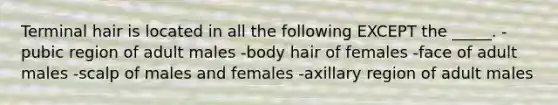 Terminal hair is located in all the following EXCEPT the _____. -pubic region of adult males -body hair of females -face of adult males -scalp of males and females -axillary region of adult males