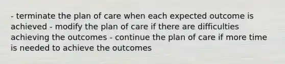 - terminate the plan of care when each expected outcome is achieved - modify the plan of care if there are difficulties achieving the outcomes - continue the plan of care if more time is needed to achieve the outcomes