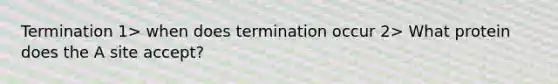 Termination 1> when does termination occur 2> What protein does the A site accept?