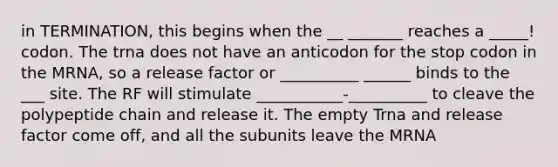 in TERMINATION, this begins when the __ _______ reaches a _____! codon. The trna does not have an anticodon for the stop codon in the MRNA, so a release factor or __________ ______ binds to the ___ site. The RF will stimulate ___________-__________ to cleave the polypeptide chain and release it. The empty Trna and release factor come off, and all the subunits leave the MRNA