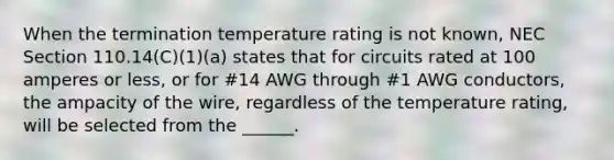 When the termination temperature rating is not known, NEC Section 110.14(C)(1)(a) states that for circuits rated at 100 amperes or less, or for #14 AWG through #1 AWG conductors, the ampacity of the wire, regardless of the temperature rating, will be selected from the ______.