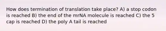 How does termination of translation take place? A) a stop codon is reached B) the end of the mrNA molecule is reached C) the 5 cap is reached D) the poly A tail is reached