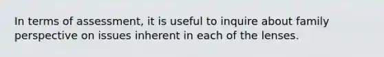 In terms of assessment, it is useful to inquire about family perspective on issues inherent in each of the lenses.