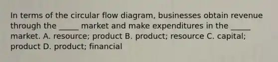 In terms of the circular flow diagram, businesses obtain revenue through the _____ market and make expenditures in the _____ market. A. resource; product B. product; resource C. capital; product D. product; financial