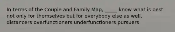 In terms of the Couple and Family Map, _____ know what is best not only for themselves but for everybody else as well. distancers overfunctioners underfunctioners pursuers