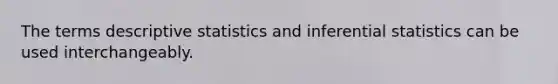 The terms <a href='https://www.questionai.com/knowledge/kRTZ1WGkcp-descriptive-statistics' class='anchor-knowledge'>descriptive statistics</a> and <a href='https://www.questionai.com/knowledge/k2VaKZmkPW-inferential-statistics' class='anchor-knowledge'>inferential statistics</a> can be used interchangeably.