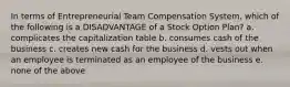 In terms of Entrepreneurial Team Compensation System, which of the following is a DISADVANTAGE of a Stock Option Plan? a. complicates the capitalization table b. consumes cash of the business c. creates new cash for the business d. vests out when an employee is terminated as an employee of the business e. none of the above