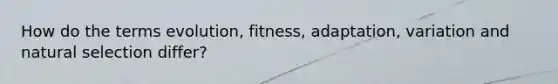 How do the terms evolution, fitness, adaptation, variation and natural selection differ?