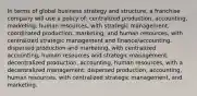 In terms of global business strategy and structure, a franchise company will use a policy of: centralized production, accounting, marketing, human resources, with strategic management. coordinated production, marketing, and human resources, with centralized strategic management and finance/accounting. dispersed production and marketing, with centralized accounting, human resources and strategic management. decentralized production, accounting, human resources, with a decentralized management. dispersed production, accounting, human resources, with centralized strategic management, and marketing.