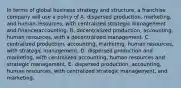 In terms of global business strategy and structure, a franchise company will use a policy of A. dispersed production, marketing, and human resources, with centralized strategic management and finance/accounting. B. decentralized production, accounting, human resources, with a decentralized management. C. centralized production, accounting, marketing, human resources, with strategic management. D. dispersed production and marketing, with centralized accounting, human resources and strategic management. E. dispersed production, accounting, human resources, with centralized strategic management, and marketing.