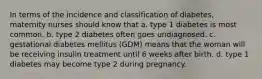 In terms of the incidence and classification of diabetes, maternity nurses should know that a. type 1 diabetes is most common. b. type 2 diabetes often goes undiagnosed. c. gestational diabetes mellitus (GDM) means that the woman will be receiving insulin treatment until 6 weeks after birth. d. type 1 diabetes may become type 2 during pregnancy.