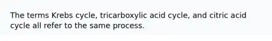 The terms <a href='https://www.questionai.com/knowledge/kqfW58SNl2-krebs-cycle' class='anchor-knowledge'>krebs cycle</a>, tricarboxylic acid cycle, and citric acid cycle all refer to the same process.