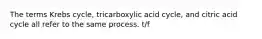 The terms Krebs cycle, tricarboxylic acid cycle, and citric acid cycle all refer to the same process. t/f