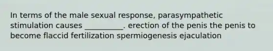 In terms of the male sexual response, parasympathetic stimulation causes __________. erection of the penis the penis to become flaccid fertilization spermiogenesis ejaculation