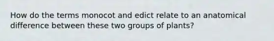 How do the terms monocot and edict relate to an anatomical difference between these two groups of plants?