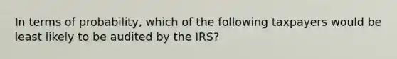 In terms of probability, which of the following taxpayers would be least likely to be audited by the IRS?