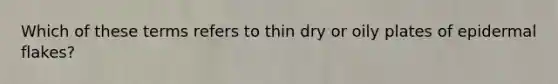 Which of these terms refers to thin dry or oily plates of epidermal flakes?