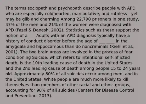 The terms sociopath and psychopath describe people with APD who are especially coldhearted, manipulative, and ruthless—yet may be glib and charming Among 22,790 prisoners in one study, 47% of the men and 21% of the women were diagnosed with APD (Fazel & Danesh, 2002). Statistics such as these support the notion of a ___ Adults with an APD diagnosis typically have a history of conduct disorder before the age of ___ ____ in the amygdala and hippocampus than do noncriminals (Kiehl et al., 2001). The two brain areas are involved in the process of fear conditioning Suicide, which refers to intentional self-inflicted death, is the 10th leading cause of death in the United States and the 2nd leading cause of death among people 15 to 24 years old. Approximately 80% of all suicides occur among men, and in the United States, White people are much more likely to kill themselves than members of other racial and ethnic groups, accounting for 90% of all suicides (Centers for Disease Control and Prevention, 2013).