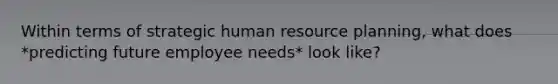 Within terms of strategic human resource planning, what does *predicting future employee needs* look like?