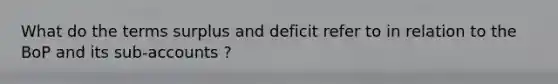 What do the terms surplus and deficit refer to in relation to the BoP and its sub-accounts ?