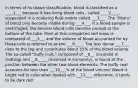 In terms of its tissue classification, blood is classified as a ____1___ because it has living blood cells , called ____2____, suspended in a nonliving fluid matrix called ___3___. The "fibers" of blood only become visible during ___4___. If a blood sample is centrifuged, the heavier blood cells become packed at the bottom of the tube. Most of this compacted cell mass is composed of ___5__, and the volume of blood accounted for by these cells is referred to as the ___6____. The less dense ___7___ rises to the top and constitutes about 55% of the blood volume. The so-called "buffy coat," composed of __8__ (involved in clotting) and __9_____ (involved in immunity), is found at the junction between the other two blood elements. The buffy coat accounts for less than ___10___% of the blood volume. Blood is bright red in color when loaded with __11___; otherwise, it tends to be dark red.