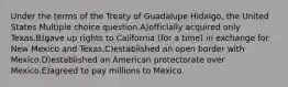 Under the terms of the Treaty of Guadalupe Hidalgo, the United States Multiple choice question.A)officially acquired only Texas.B)gave up rights to California (for a time) in exchange for New Mexico and Texas.C)established an open border with Mexico.D)established an American protectorate over Mexico.E)agreed to pay millions to Mexico.