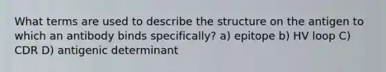 What terms are used to describe the structure on the antigen to which an antibody binds specifically? a) epitope b) HV loop C) CDR D) antigenic determinant