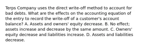 Terps Company uses the direct write-off method to account for bad debts. What are the effects on the accounting equation of the entry to record the write-off of a customer's account balance? A. Assets and owners' equity decrease. B. No effect; assets increase and decrease by the same amount. C. Owners' equity decrease and liabilities increase. D. Assets and liabilities decrease.