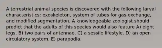 A terrestrial animal species is discovered with the following larval characteristics: exoskeleton, system of tubes for gas exchange, and modified segmentation. A knowledgeable zoologist should predict that the adults of this species would also feature A) eight legs. B) two pairs of antennae. C) a sessile lifestyle. D) an open circulatory system. E) parapodia.