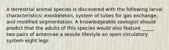 A terrestrial animal species is discovered with the following larval characteristics: exoskeleton, system of tubes for gas exchange, and modified segmentation. A knowledgeable zoologist should predict that the adults of this species would also feature _____. two pairs of antennae a sessile lifestyle an open circulatory system eight legs