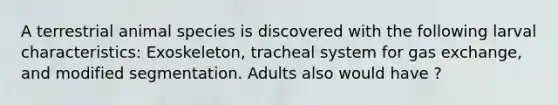 A terrestrial animal species is discovered with the following larval characteristics: Exoskeleton, tracheal system for gas exchange, and modified segmentation. Adults also would have ?