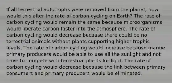 If all terrestrial autotrophs were removed from the planet, how would this alter the rate of carbon cycling on Earth? The rate of carbon cycling would remain the same because microorganisms would liberate carbon faster into the atmosphere. The rate of carbon cycling would decrease because there could be no terrestrial animals without plants supporting higher trophic levels. The rate of carbon cycling would increase because marine primary producers would be able to use all the sunlight and not have to compete with terrestrial plants for light. The rate of carbon cycling would decrease because the link between primary consumers and primary producers would be eliminated.