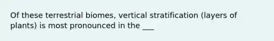 Of these terrestrial biomes, vertical stratification (layers of plants) is most pronounced in the ___