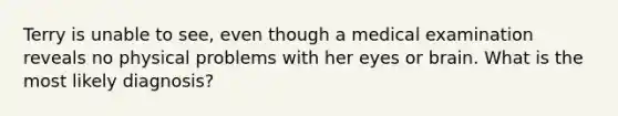 Terry is unable to see, even though a medical examination reveals no physical problems with her eyes or brain. What is the most likely diagnosis?
