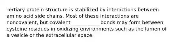 Tertiary protein structure is stabilized by interactions between amino acid side chains. Most of these interactions are noncovalent, but covalent ___________ bonds may form between cysteine residues in oxidizing environments such as the lumen of a vesicle or the extracellular space.