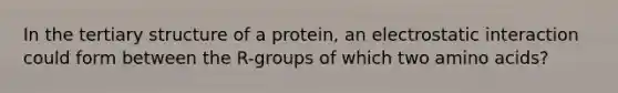 In the tertiary structure of a protein, an electrostatic interaction could form between the R-groups of which two amino acids?