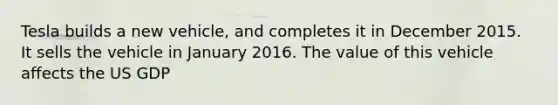 Tesla builds a new vehicle, and completes it in December 2015. It sells the vehicle in January 2016. The value of this vehicle affects the US GDP