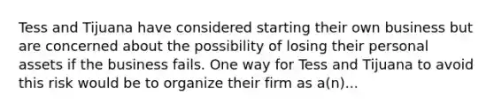 Tess and Tijuana have considered starting their own business but are concerned about the possibility of losing their personal assets if the business fails. One way for Tess and Tijuana to avoid this risk would be to organize their firm as a(n)...