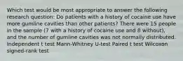 Which test would be most appropriate to answer the following research question: Do patients with a history of cocaine use have more gumline cavities than other patients? There were 15 people in the sample (7 with a history of cocaine use and 8 without), and the number of gumline cavities was not normally distributed. Independent t test Mann-Whitney U-test Paired t test Wilcoxon signed-rank test