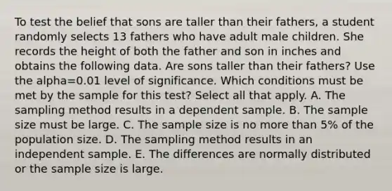 To test the belief that sons are taller than their​ fathers, a student randomly selects 13 fathers who have adult male children. She records the height of both the father and son in inches and obtains the following data. Are sons taller than their​ fathers? Use the alpha=0.01 level of significance.​ Which conditions must be met by the sample for this​ test? Select all that apply. A. The sampling method results in a dependent sample. B. The sample size must be large. C. The sample size is no <a href='https://www.questionai.com/knowledge/keWHlEPx42-more-than' class='anchor-knowledge'>more than</a>​ 5% of the population size. D. The sampling method results in an independent sample. E. The differences are normally distributed or the sample size is large.