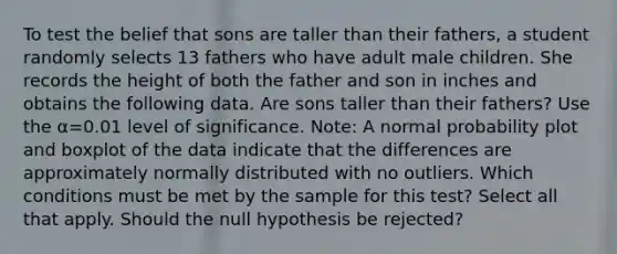 To test the belief that sons are taller than their​ fathers, a student randomly selects 13 fathers who have adult male children. She records the height of both the father and son in inches and obtains the following data. Are sons taller than their​ fathers? Use the α=0.01 level of significance.​ Note: A normal probability plot and boxplot of the data indicate that the differences are approximately normally distributed with no outliers. Which conditions must be met by the sample for this​ test? Select all that apply. Should the null hypothesis be​ rejected?