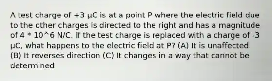 A test charge of +3 µC is at a point P where the electric field due to the other charges is directed to the right and has a magnitude of 4 * 10^6 N/C. If the test charge is replaced with a charge of -3 µC, what happens to the electric field at P? (A) It is unaffected (B) It reverses direction (C) It changes in a way that cannot be determined