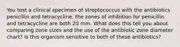 You test a clinical specimen of streptococcus with the antibiotics penicillin and tetracycline. the zones of inhibition for penicillin and tetracycline are both 20 mm. What does this tell you about comparing zone sizes and the use of the antibiotic zone diameter chart? Is this organism sensitive to both of these antibiotics?