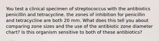 You test a clinical specimen of streptococcus with the antibiotics penicillin and tetracycline. the zones of inhibition for penicillin and tetracycline are both 20 mm. What does this tell you about comparing zone sizes and the use of the antibiotic zone diameter chart? Is this organism sensitive to both of these antibiotics?