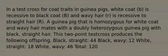 In a test cross for coat traits in guinea pigs, white coat (b) is recessive to black coat (B) and wavy hair (r) is recessive to straight hair (R). A guinea pig that is homozygous for white coat and wavy hair mates with a doubly heterozygous guinea pig with black, straight hair. This two-point testcross produces the following offspring. Black, straight: 44 Black, wavy: 12 White, straight: 18 White, wavy: 46 Total: 120