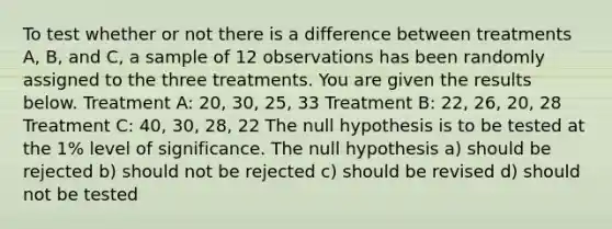 To test whether or not there is a difference between treatments A, B, and C, a sample of 12 observations has been randomly assigned to the three treatments. You are given the results below. Treatment A: 20, 30, 25, 33 Treatment B: 22, 26, 20, 28 Treatment C: 40, 30, 28, 22 The null hypothesis is to be tested at the 1% level of significance. The null hypothesis a) should be rejected b) should not be rejected c) should be revised d) should not be tested