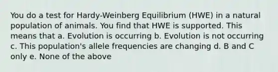 You do a test for Hardy-Weinberg Equilibrium (HWE) in a natural population of animals. You find that HWE is supported. This means that a. Evolution is occurring b. Evolution is not occurring c. This population's allele frequencies are changing d. B and C only e. None of the above