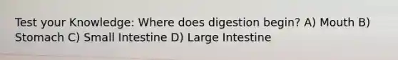 Test your Knowledge: Where does digestion begin? A) Mouth B) Stomach C) Small Intestine D) Large Intestine