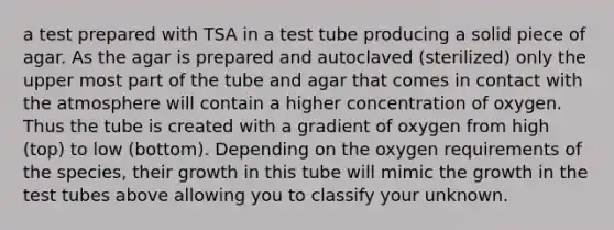 a test prepared with TSA in a test tube producing a solid piece of agar. As the agar is prepared and autoclaved (sterilized) only the upper most part of the tube and agar that comes in contact with the atmosphere will contain a higher concentration of oxygen. Thus the tube is created with a gradient of oxygen from high (top) to low (bottom). Depending on the oxygen requirements of the species, their growth in this tube will mimic the growth in the test tubes above allowing you to classify your unknown.